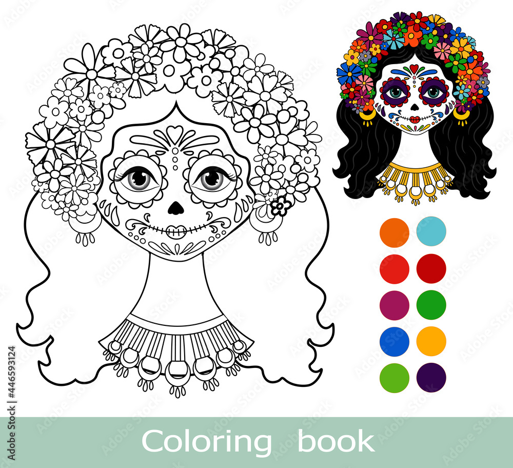 Coloring book page. Catrina Dia de los muertos. Day of the dead Woman make  up of sugar skull isolated contour. For coloring book page. Cartoon kids  coloring bookChildren  Catrina isolated Stock