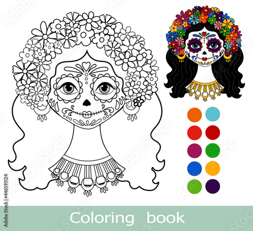 Coloring book page. Catrina Dia de los muertos. Day of the dead Woman make up of sugar skull isolated contour. For coloring book page. Cartoon kids coloring bookChildren game.Calavera Catrina isolated