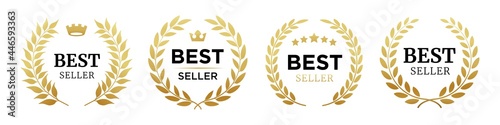 Set of badge best seller, best choice, best price, best quality. Gold logo design with wreath laurel. Vector illustration photo
