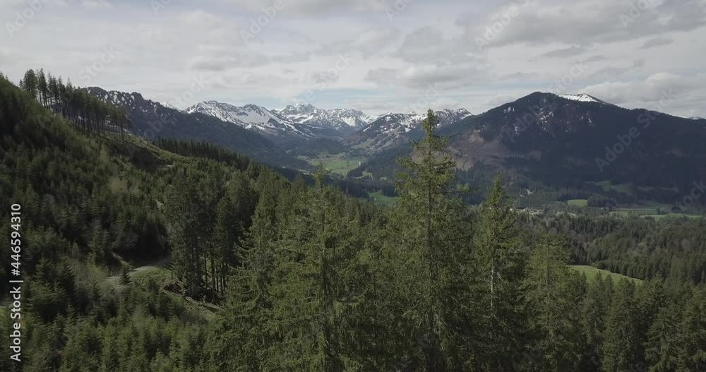 Dlog flat aerial drone view of the panoramic mountain landscape of the Alps and Allgäu, Austria Jungholz Dlog flat aerial drone view of the panoramic mountain landscape of the Alps and Allgäu, Austria Jungholz