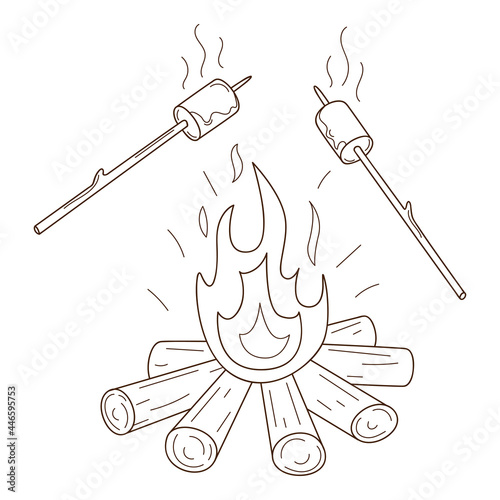 Marshmallows are fried on the fire. A wood-burning bonfire. Autumn entertainment. Decorative element with an outline. Doodle, hand-drawn. Black white vector illustration. Isolated on white.