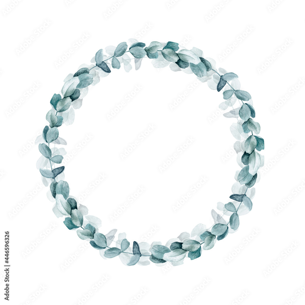 Obraz premium Watercolor wreath of eucalyptus branches. Isolated clipart element on white background