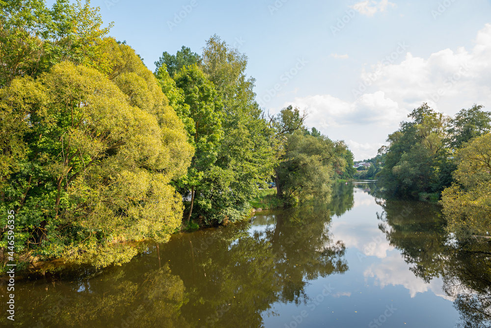 idyllic river landscape Schwarzer Regen, lower bavaria, with green trees