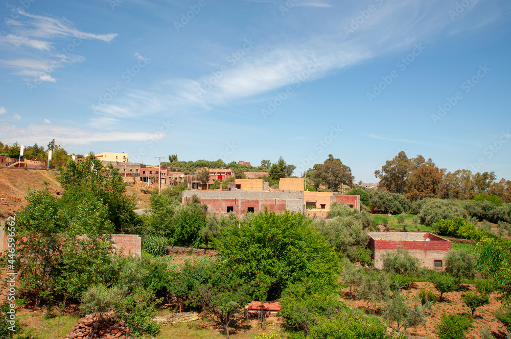 Rural landscape surrounding the outskirts of Marakech featuring small isolated clusters of homes and farmland growing olive trees, the picturesque Ourika Valley on the way to Atlas mountains, Morocco