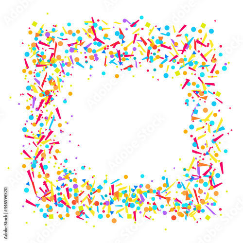 Square frame with geometric elements on white background. Pattern with confetti. Texture for design. Print for banners, posters, t-shirts and textiles. Greeting cards
