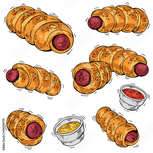 Collection of hand drawn vector Bagel Dog. Baked sausage in the dough. Hot dog baked inside. Illustrations with pastries, color. For menu design, advertising, packaging, banners.