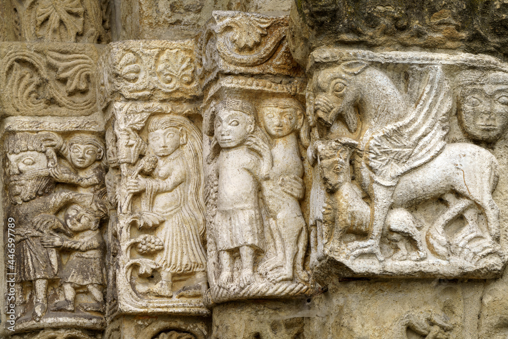 Facade of San Michele Maggiore, medieval basilica in Pavia. Detail