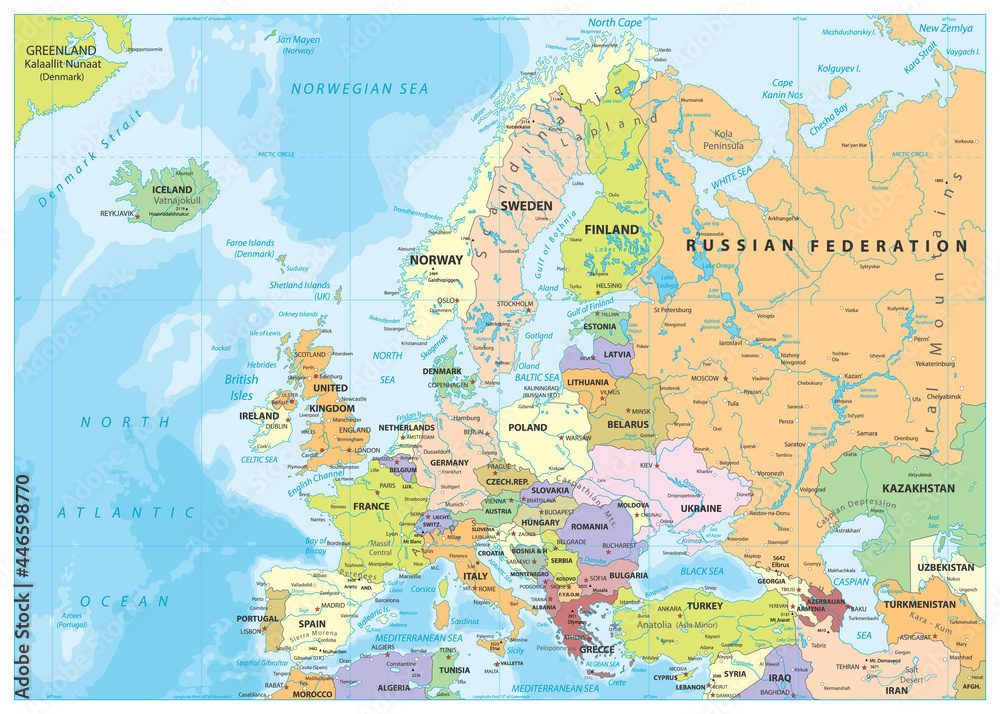 Europe Political Map and Bathymetry Stock Vector | Adobe Stock