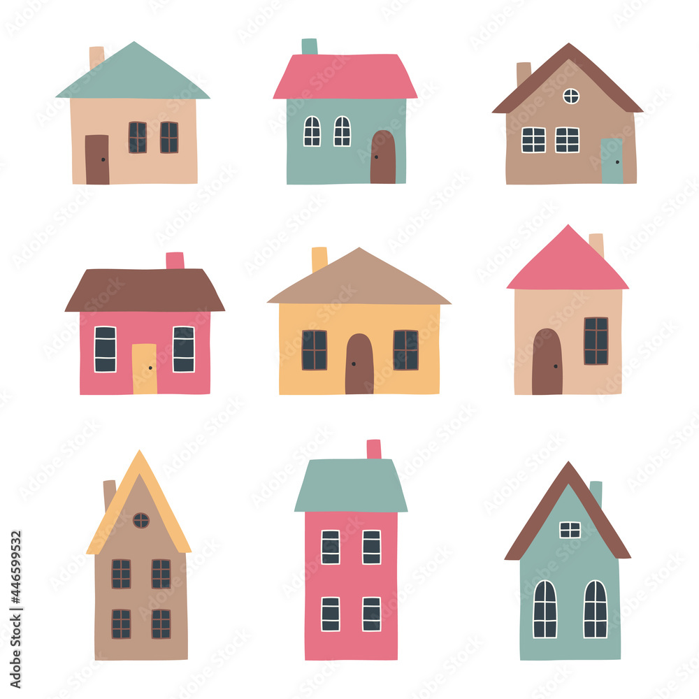 A set of cute colorful houses. Hand drawn houses in a flat style. Vector illustration.