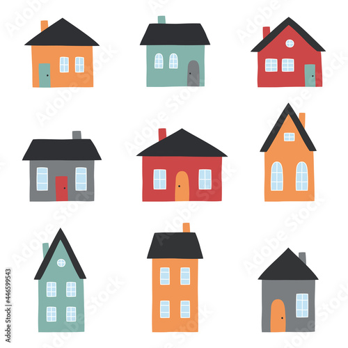 A set of cute colorful houses. Hand drawn houses in a flat style. Vector illustration © Victoria Guzeeva