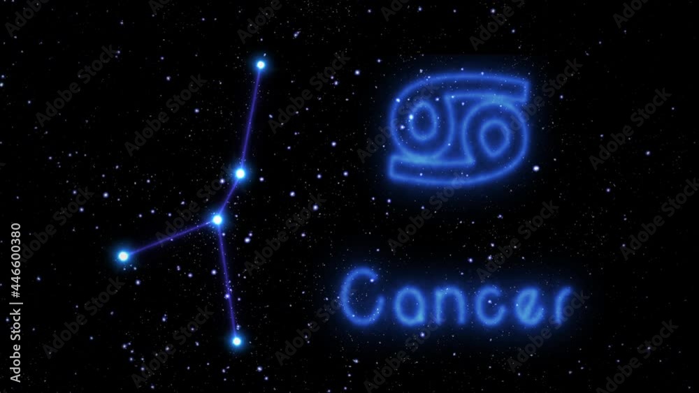 The zodiac sign Cancer is a constellation of bright stars connected by glowing lines. Animation of the star sign of the zodiac in the cosmic night sky. The symbol of the constellation and horoscope The zodiac sign Cancer is a constellation of bright stars connected by glowing lines. Animation of the star sign of the zodiac in the cosmic night sky. The symbol of the constellation and horoscope