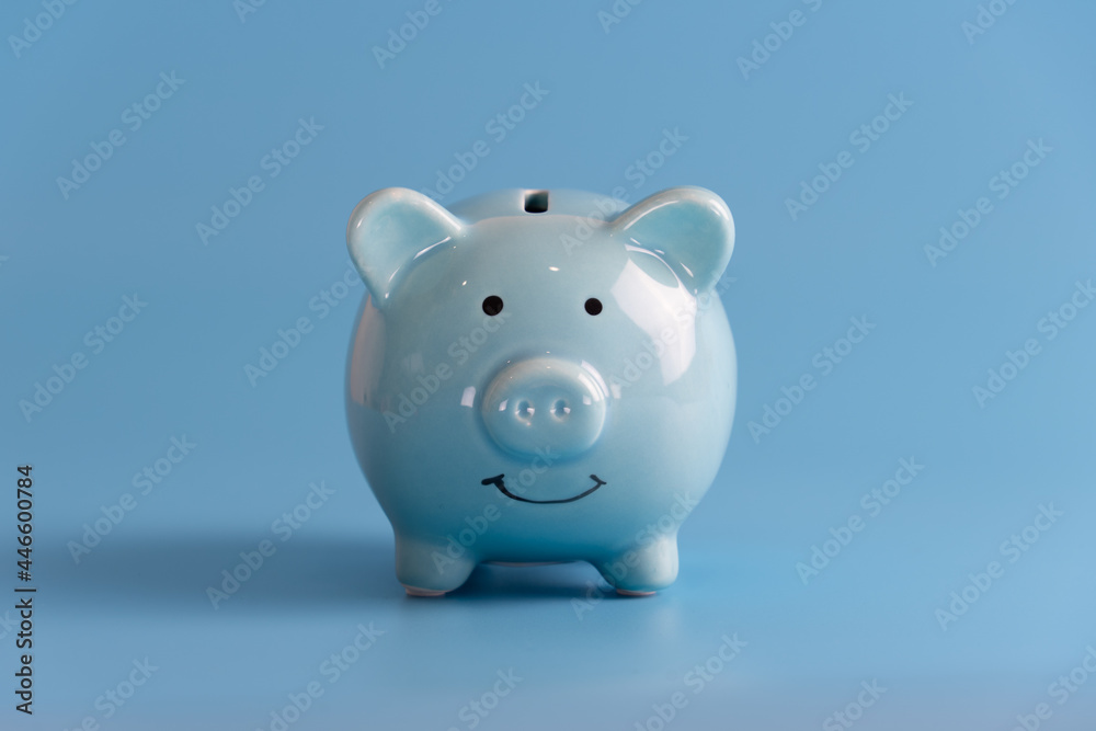 Blue piggy bank isolated on light blue background