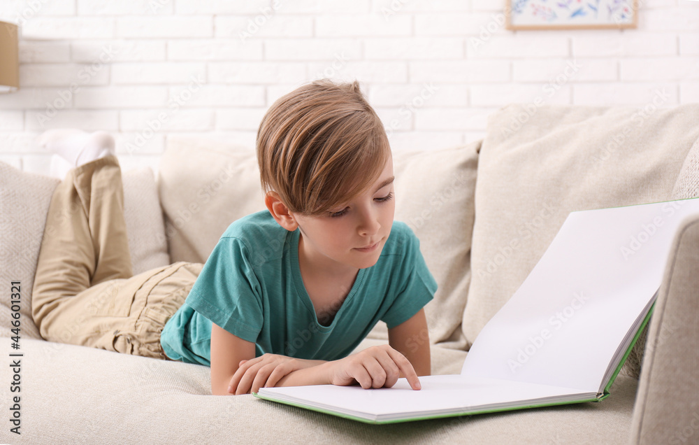 Little boy reading book on sofa at home Little boy reading book on sofa at home