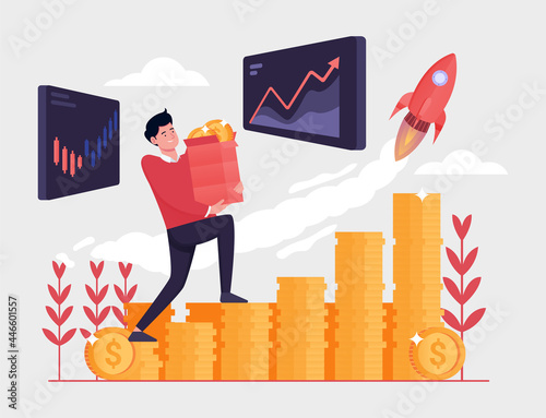 stock market growth entrepreneur investors carry piles of coins, investment plans to achieve the target