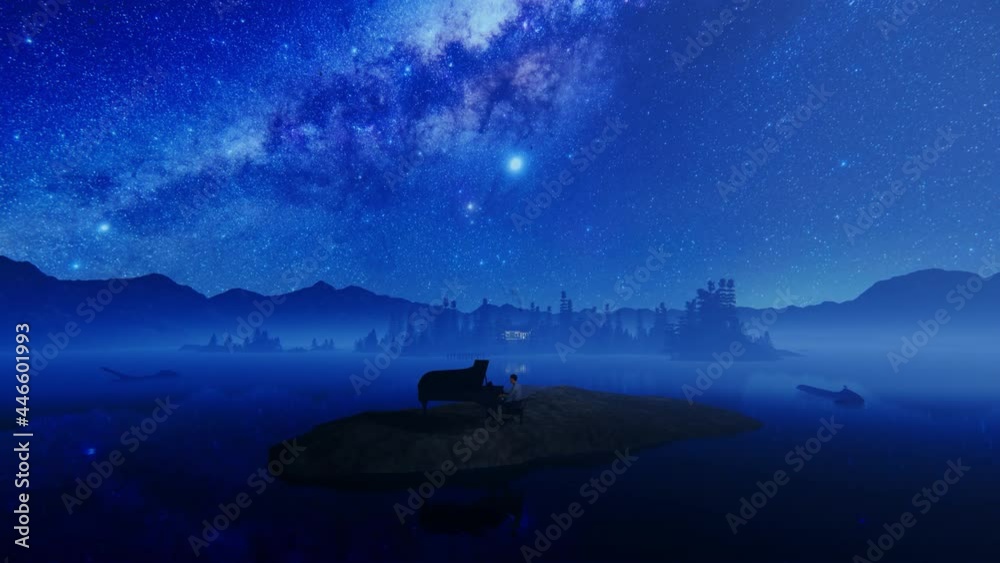 Piano performing on a isolated island surrounded by water and mountains against starry sky, tilt 4K Piano performing on a isolated island surrounded by water and mountains against starry sky, tilt 4K