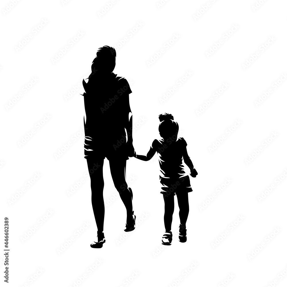 Mom and daughter walking and holding hands, isolated vector silhouette, front view