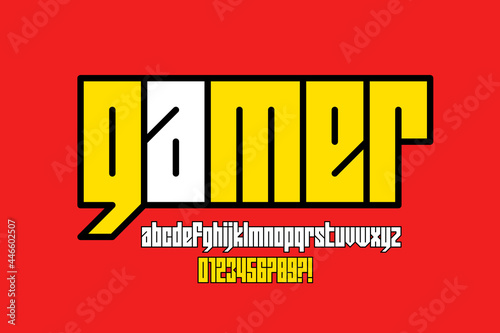 Computer game style lowercase font design, alphabet letters and numbers vector illustration