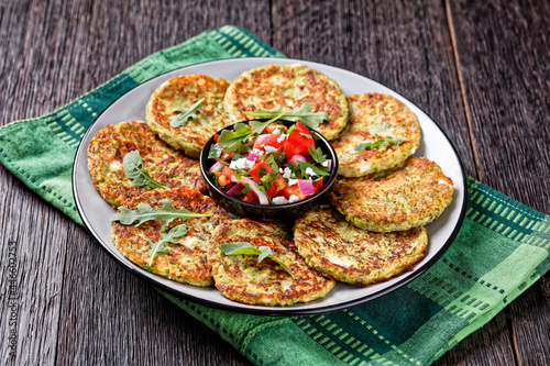 Zucchini Fritters with Dill and tomato salad