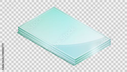 Vector illustration sheets of tempered glass isolated on transparent background. Realistic stack of glass sheets icon in flat style. Isometric illustration shiny plates of industrial tempered glass.