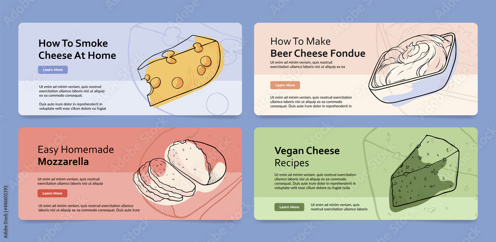 Naklejka premium Collection of cheese banner landing page vector flat illustration. Set of hand drawn dairy product