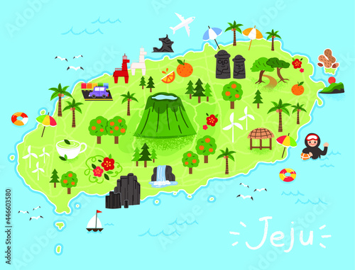 A map of Jeju Island's tourist attractions and routes. Haenyeo, Hallasan, beach, arboretum, famous places, and famous food are displayed.