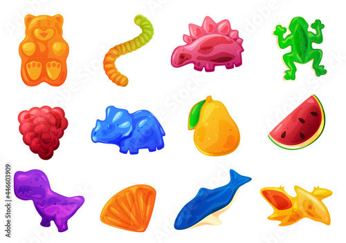 Collection of gummy jelly candies vector illustration bright sweet chewy fruit vitamin delicious