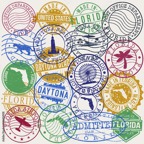 Daytona Beach  FL  USA Set of Stamps. Travel Stamp. Made In Product. Design Seals Old Style Insignia.