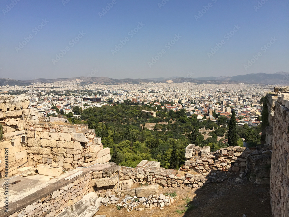 View of the Ancient Agora of Athens with the Temple of Hephaestus in the center, as seen from the Athenian Acropolis in Athens, Greece.