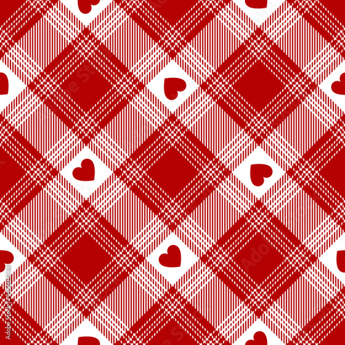 Heart tartan check plaid pattern in red and white for Valentines Day print. Seamless ombre buffalo check for tablecloth, flannel shirt, picnic blanket, other spring summer autumn winter fabric design.