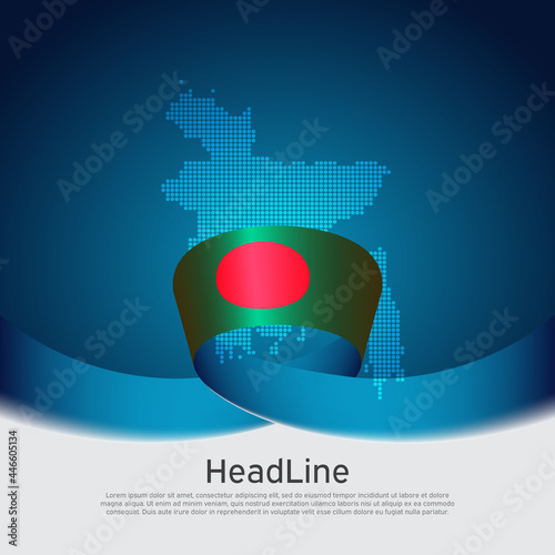 Bangladesh flag, mosaic map on blue white background. Wavy ribbon with bangladeshi flag. Vector banner design, bangladesh national poster. Cover for business booklet. State patriotic, flyer, brochure