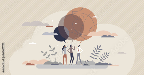 Consensus as common agreement and merged group thoughts tiny person concept. Each opinion in team connected together for solidarity and discussion unanimity vector illustration. Agree and accept topic