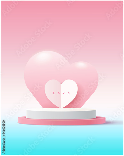 Abstract 3D pink cylinder pedestal podium with pastel minimal wall scene and shadow. Modern vector rendering geometric platform for product display presentation.Valentines hearts postcard. Paper flyin photo