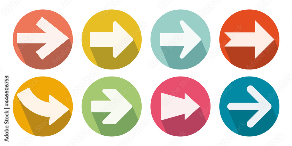 Set of arrows in circle with shadow. Collection of vector colorful arrows. Set of arrows in circle with shadow. Collection of vector colorful arrows.