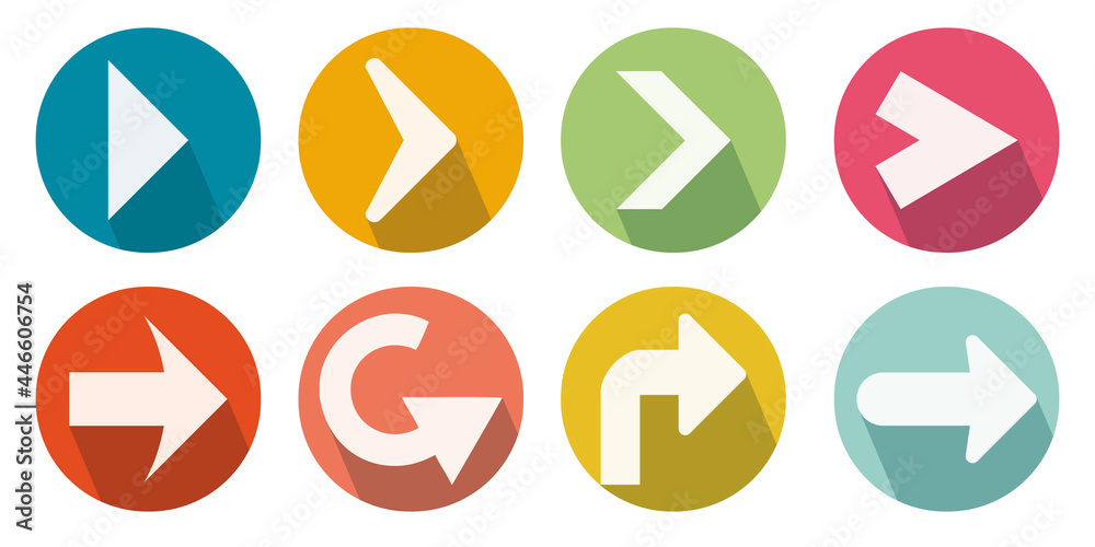 Set of arrows in circle with shadow. Collection of vector colorful arrows.