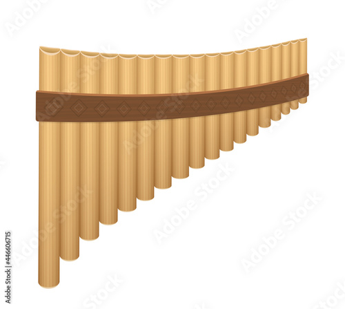 Pan flute, wooden panpipes. Ancient, rural woodwind musical instrument with pipes of different lengths. Isolated vector illustration on white background.
 photo
