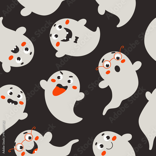Halloween seamless pattern with funny white ghosts on a black background. Festive vector texture for wallpaper, packaging, banners.