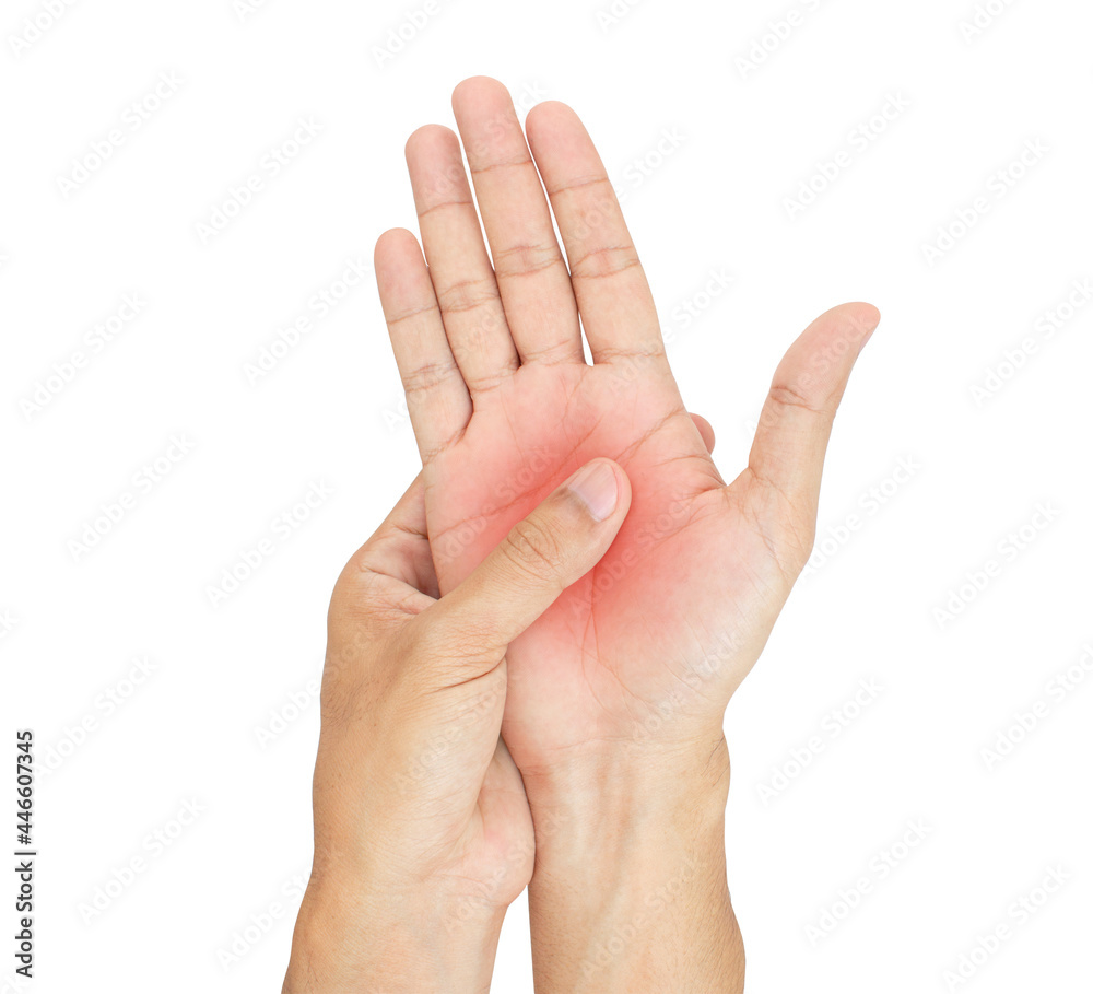 Numbness in one hand. Loss of sensation or hand or fingers. Of hurt include Guillain Barre syndrome, carpal tunnel syndrome. Isolated on a white background. Muscle weakness and fatigue concept. Numbness in one hand. Loss of sensation or hand or fingers. Of hurt include Guillain Barre syndrome, carpal tunnel syndrome. Isolated on a white background. Muscle weakness and fatigue concept.