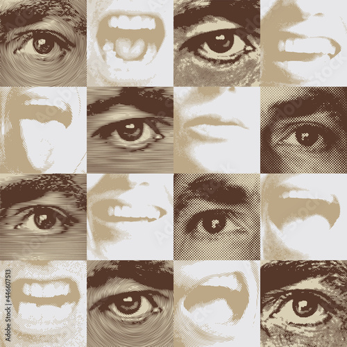 Seamless pattern in retro style with human eyes and mouths expressing various emotions-smiling, shocked, surprised, serious, scared. Monochrome vector background. Wallpaper, wrapping paper, fabric