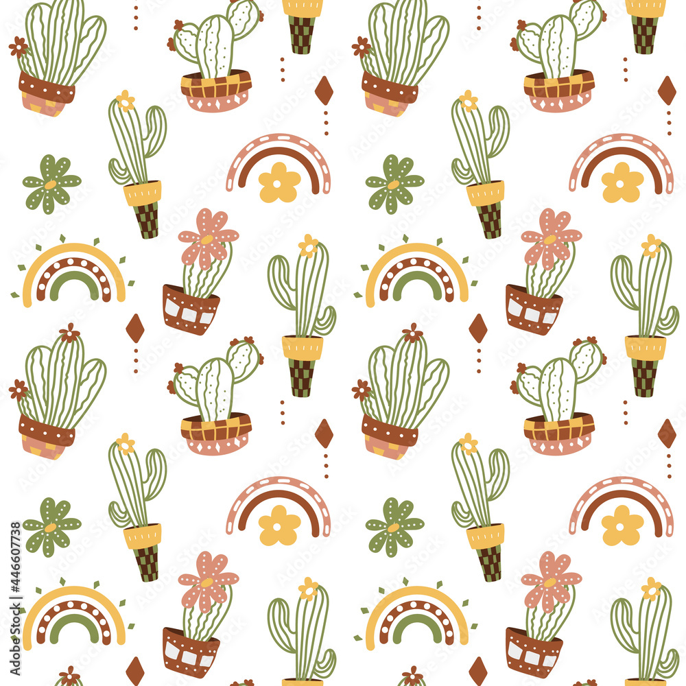 Seamless pattern with cacti in flower pots and rainbow patterns in the boho style. Stylish pattern for textiles and wallpaper. A vector image.