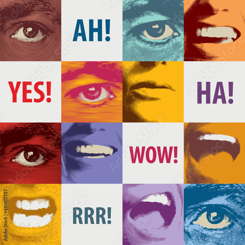 Seamless pattern with human eyes and mouths expressing various emotions and screaming Yes, Ah, Wow, Rrr, Ha. Vector background with colored square fragments. Wallpaper design, wrapping paper or fabric