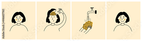Set of vector illustrations of female character washing her brain. Brainwashing, clean mind concept. Sad woman takes brain out of head, cleaning it water under tap. Happiness, mental health, self care