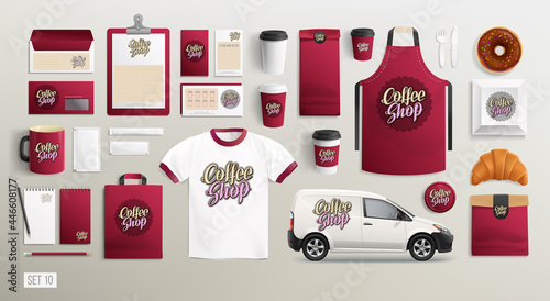 Coffee shop logo brand identity design vector Mockup set. White and maroon colors restaurant stationery MockUp set of Street Coffee van, paper cup, uniform, package