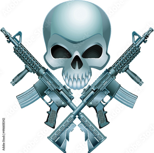 human skull with crossed assault rifles