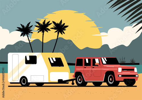 SUV car and trailer caravan on background of abstract tropical landscape. Vector flat style illustration.