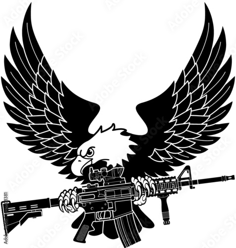 bald eagle holding american m4 assault rifle in claws