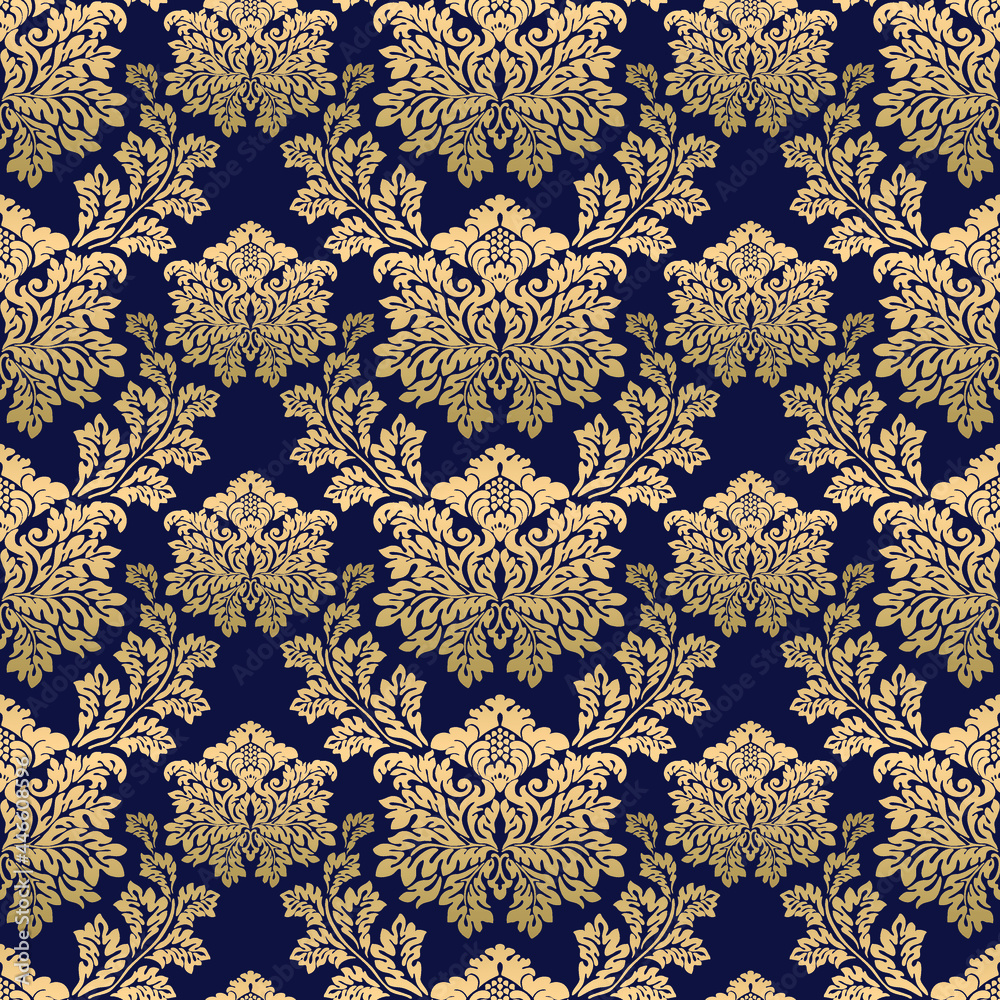 Wallpaper baroque, damask. Seamless vector background. Gold and dark blue ornament. Floral pattern Wallpaper baroque, damask. Seamless vector background. Gold and dark blue ornament. Floral pattern