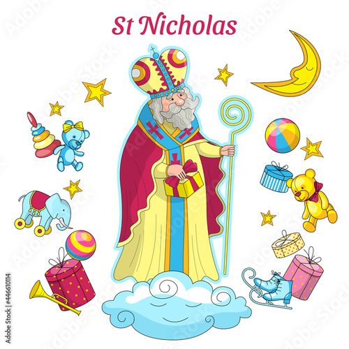Saint Nicholas with a gift and a staff on a cloud on a white background with gifts, stars, the moon and the inscription "Saint Nicholas"