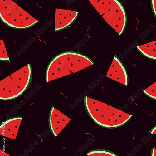 Seamless pattern of juicy red watermelon on a dark background