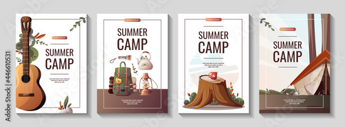 Set of promo flyers for summer camping, traveling, trip, hiking, camper, nature, journey, picnic. A4 vector illustration for poster, banner, flyer, cover, special offer, advertising.