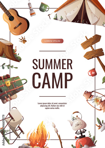 Promo flyer for summer camping, traveling, trip, hiking, camper, nature, journey, picnic. A4 vector illustration for poster, banner, flyer, cover, special offer, advertising.